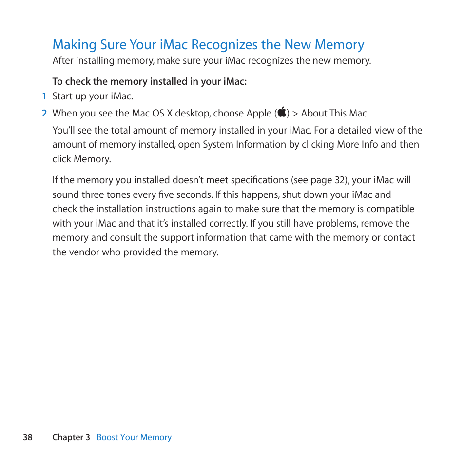 Making sure your imac recognizes the new memory, 38 making sure your imac recognizes the new memory | Apple iMac (21.5-inch, Late 2011) User Manual | Page 38 / 80