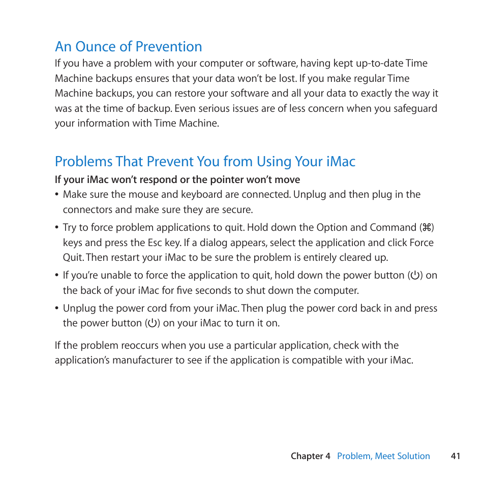 An ounce of prevention, Problems that prevent you from using your imac | Apple iMac (21.5-inch, Late 2011) User Manual | Page 41 / 80