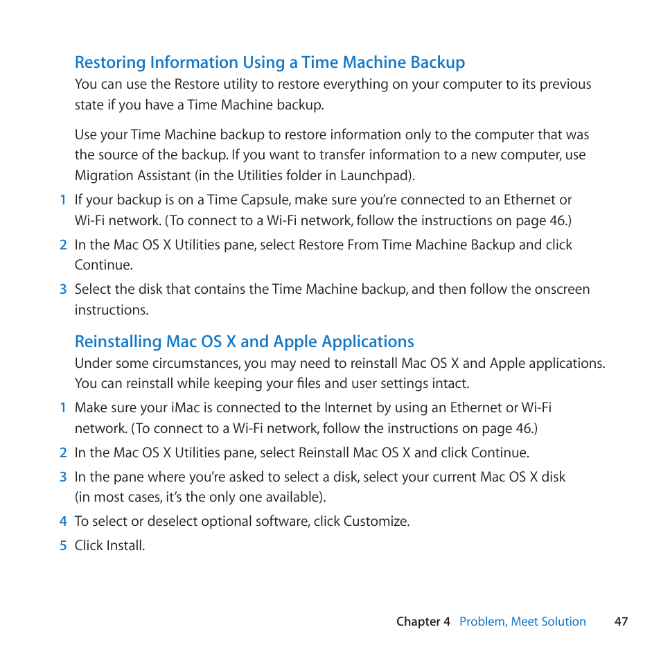 Restoring information using a time machine backup, Reinstalling mac os x and apple applications | Apple iMac (21.5-inch, Late 2011) User Manual | Page 47 / 80