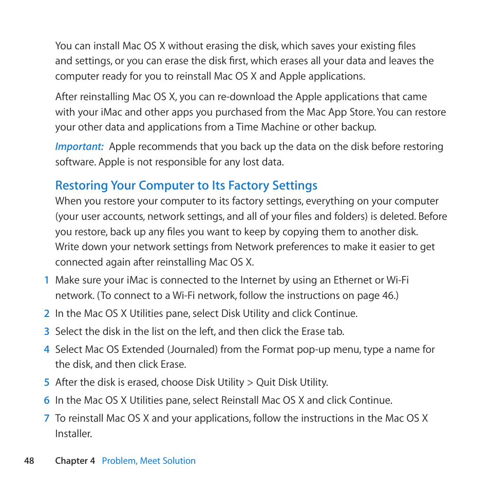 Restoring your computer to its factory settings | Apple iMac (21.5-inch, Late 2011) User Manual | Page 48 / 80