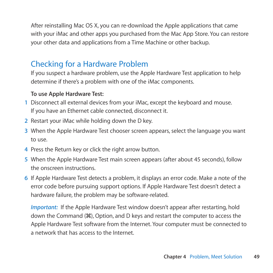 Checking for a hardware problem, 49 checking for a hardware problem | Apple iMac (21.5-inch, Late 2011) User Manual | Page 49 / 80