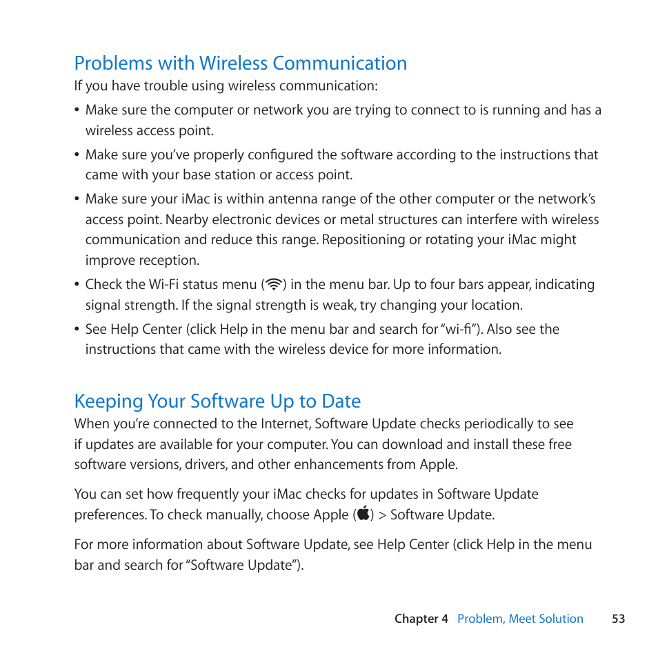 Problems with wireless communication, Keeping your software up to date | Apple iMac (21.5-inch, Late 2011) User Manual | Page 53 / 80