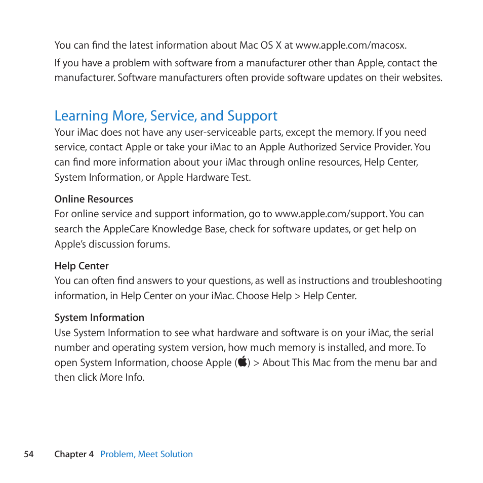 Learning more, service, and support, 54 learning more, service, and support | Apple iMac (21.5-inch, Late 2011) User Manual | Page 54 / 80