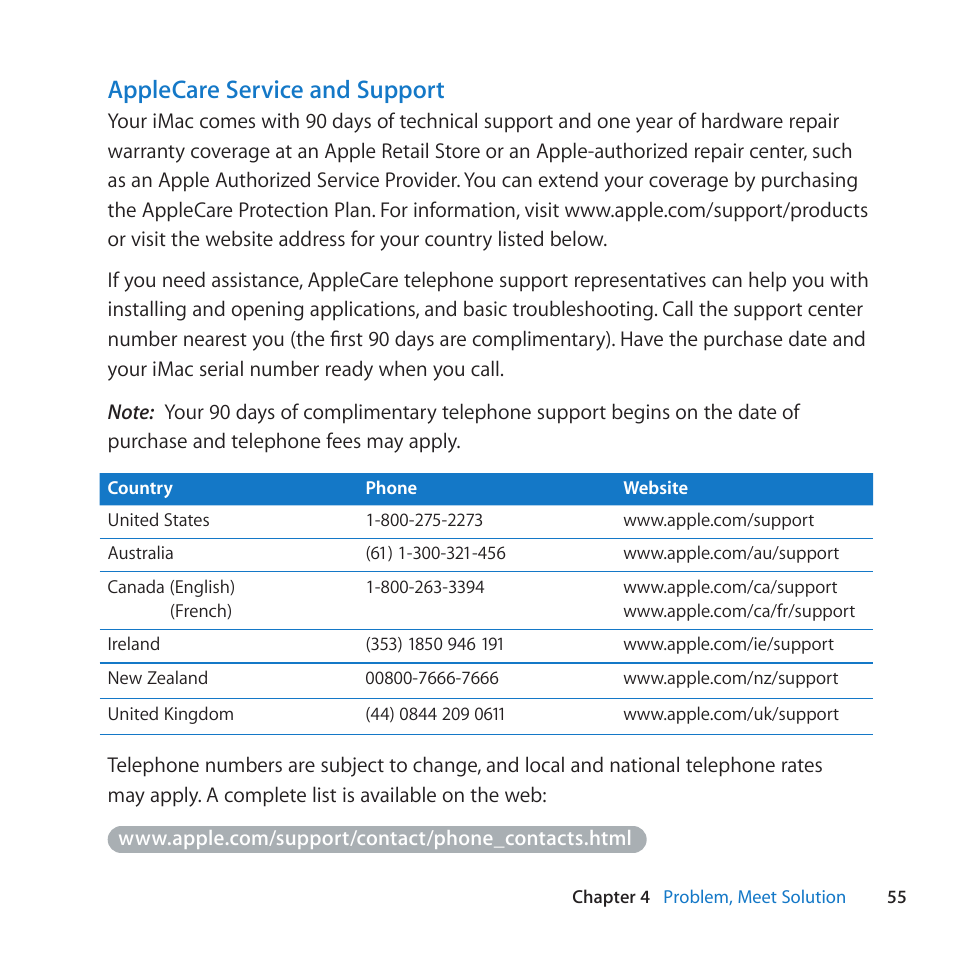 Applecare service and support | Apple iMac (21.5-inch, Late 2011) User Manual | Page 55 / 80