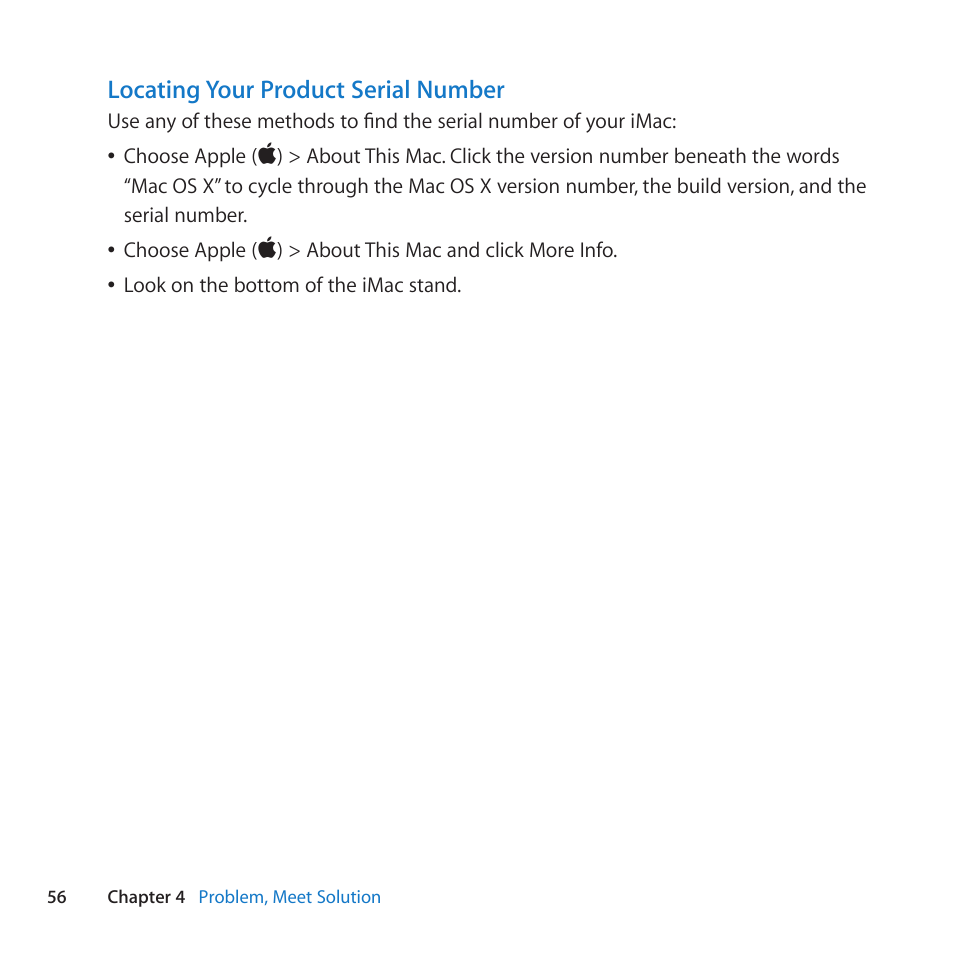 Locating your product serial number | Apple iMac (21.5-inch, Late 2011) User Manual | Page 56 / 80