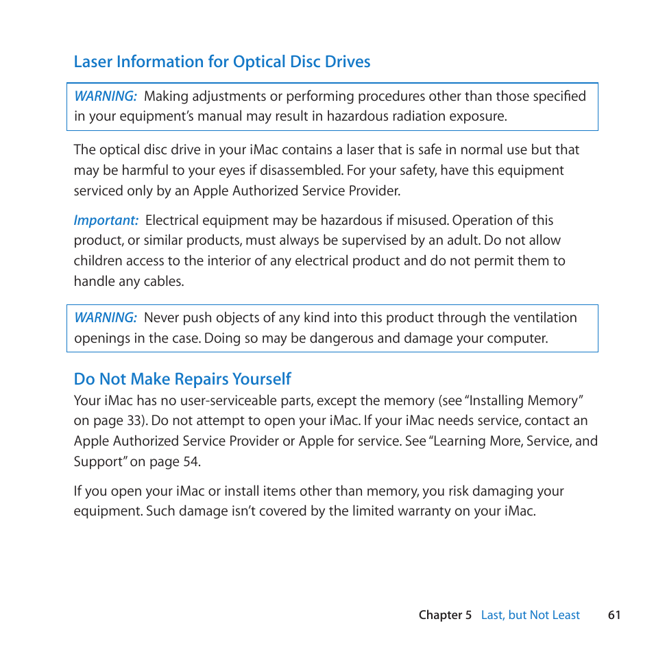 Laser information for optical disc drives, Do not make repairs yourself | Apple iMac (21.5-inch, Late 2011) User Manual | Page 61 / 80