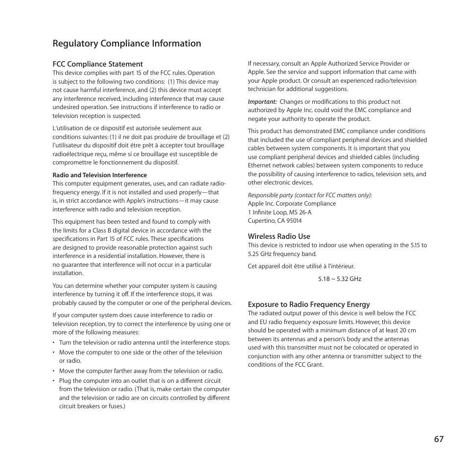 Regulatory compliance information | Apple iMac (21.5-inch, Late 2011) User Manual | Page 67 / 80