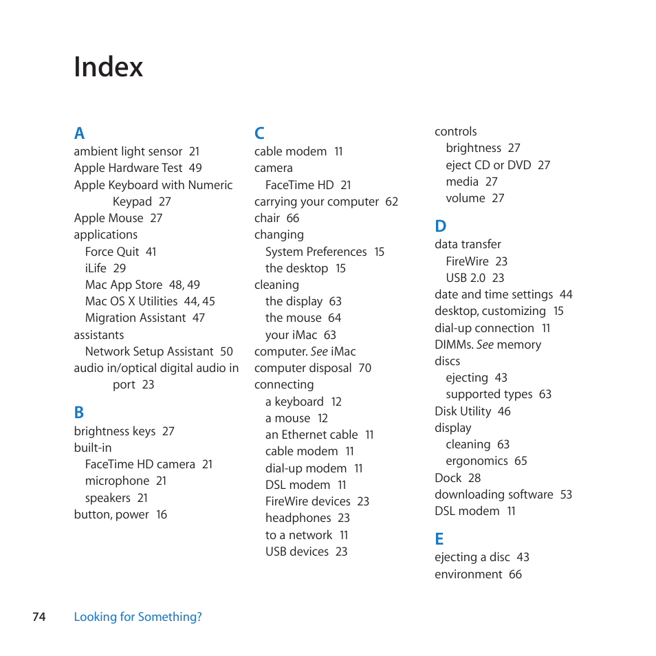 Index, 74 index | Apple iMac (21.5-inch, Late 2011) User Manual | Page 74 / 80