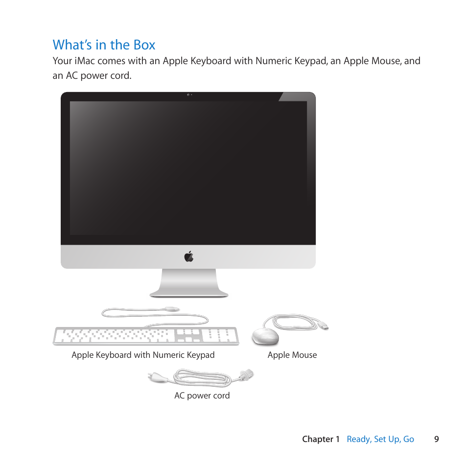 What’s in the box, 9 what’s in the box | Apple iMac (21.5-inch, Late 2011) User Manual | Page 9 / 80