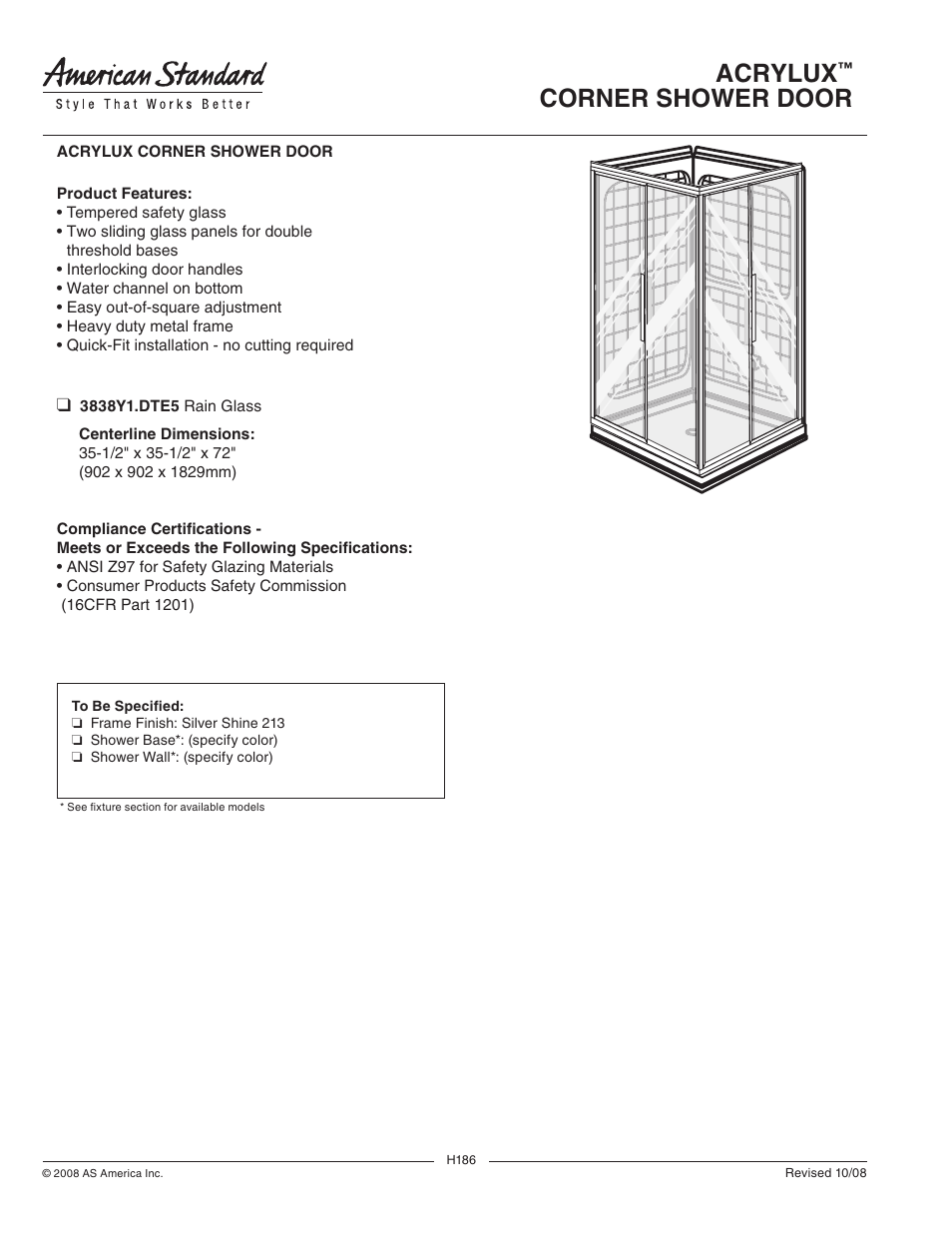 American Standard Acrylux Corner Shower Door H186 User Manual | 1 page