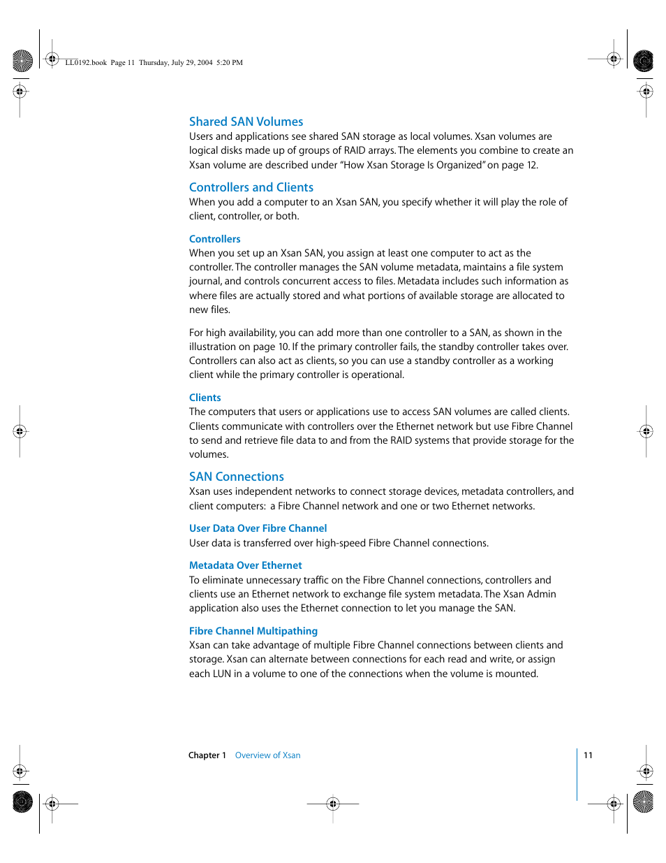 Shared san volumes, Controllers and clients, San connections | Apple Xsan 1.0 User Manual | Page 11 / 113
