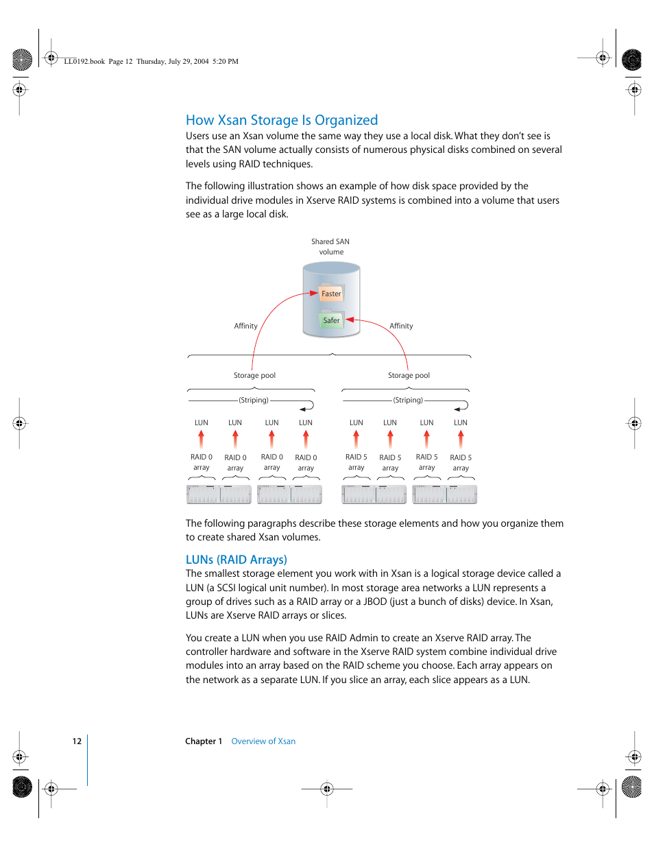 How xsan storage is organized, Luns (raid arrays) | Apple Xsan 1.0 User Manual | Page 12 / 113