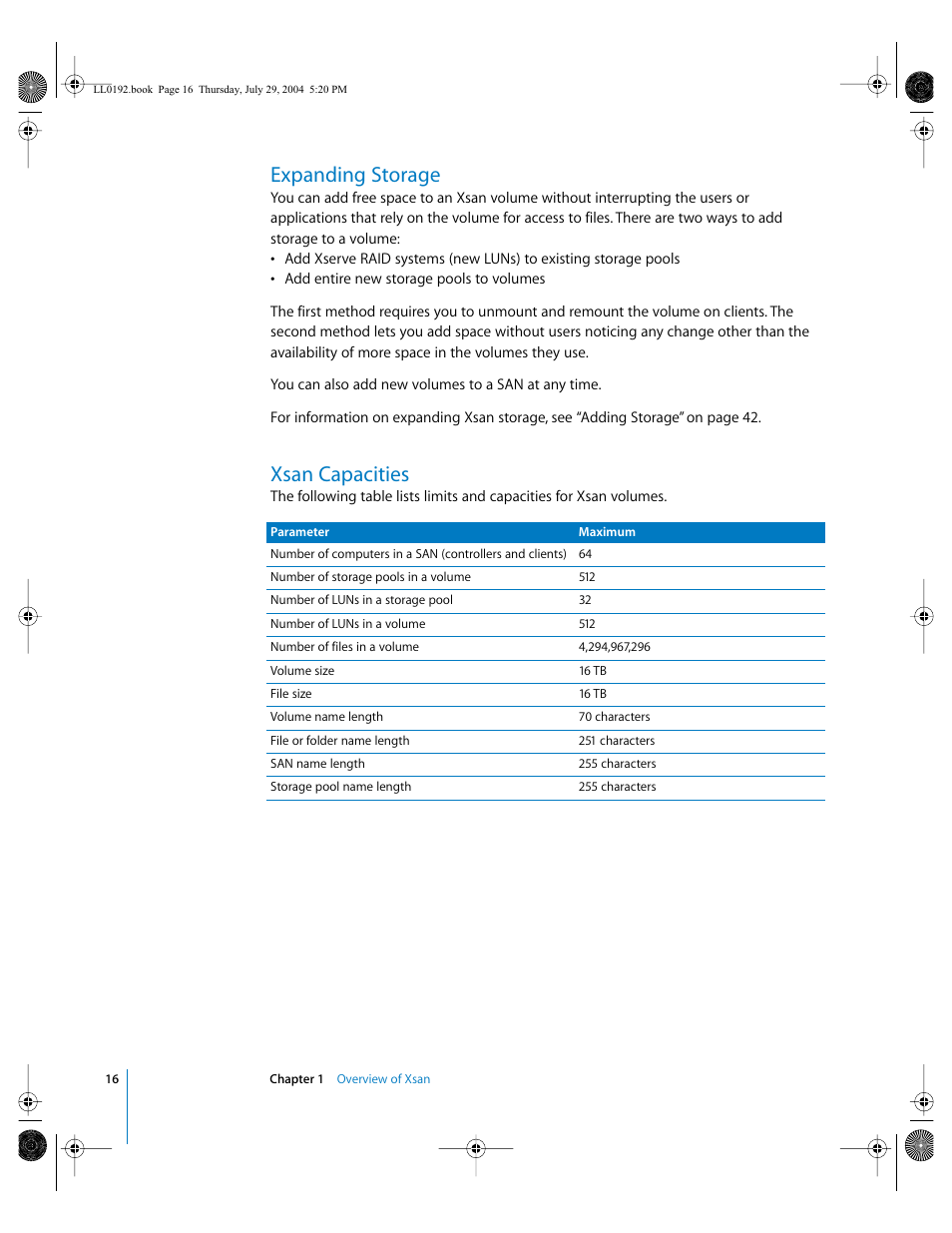 Expanding storage, Xsan capacities | Apple Xsan 1.0 User Manual | Page 16 / 113