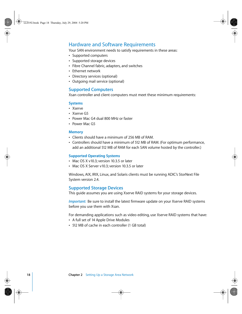 Hardware and software requirements, Supported computers, Supported storage devices | Apple Xsan 1.0 User Manual | Page 18 / 113