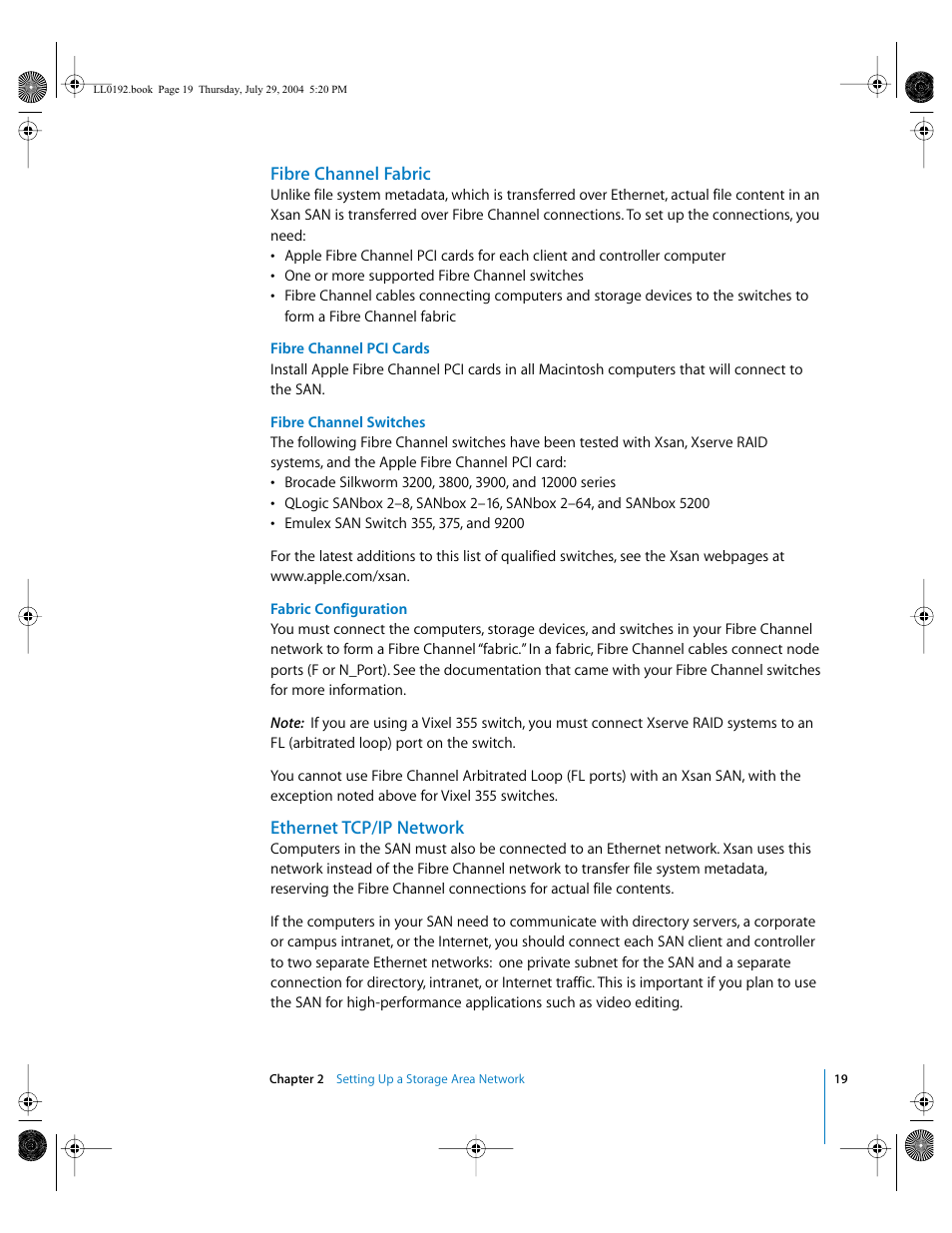 Fibre channel fabric, Ethernet tcp/ip network | Apple Xsan 1.0 User Manual | Page 19 / 113