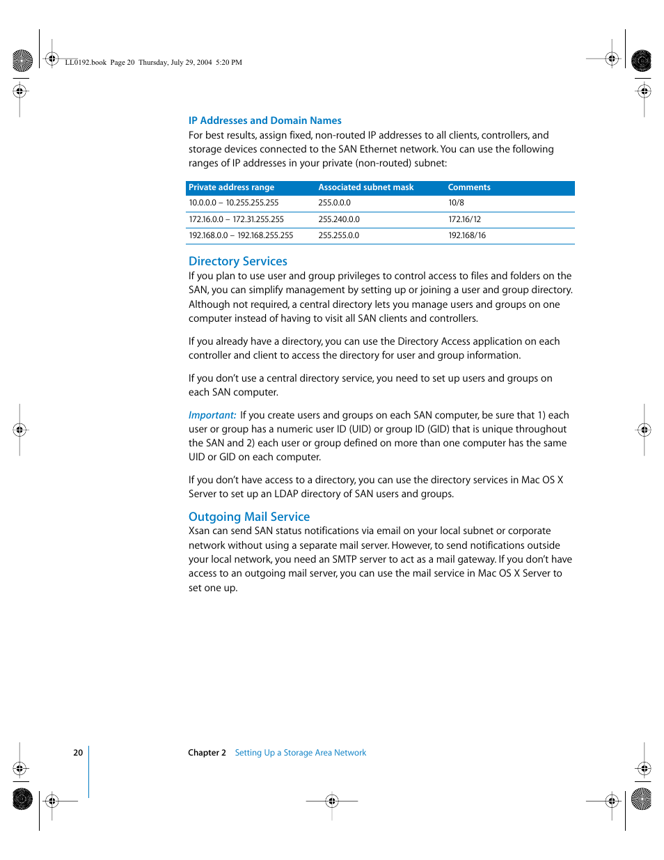 Directory services, Outgoing mail service | Apple Xsan 1.0 User Manual | Page 20 / 113