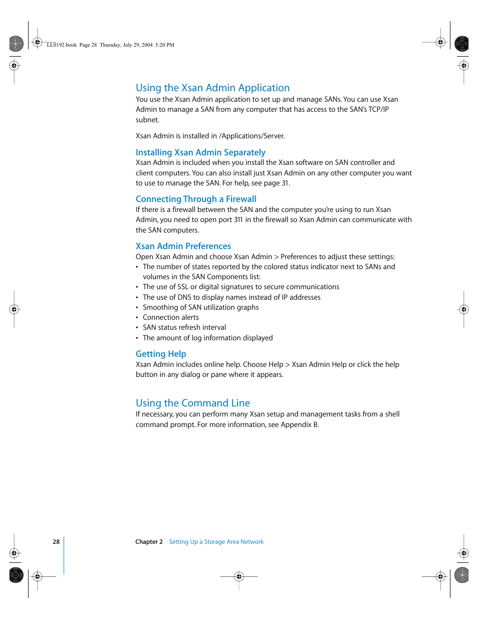 Using the xsan admin application, Installing xsan admin separately, Connecting through a firewall | Xsan admin preferences, Getting help, Using the command line | Apple Xsan 1.0 User Manual | Page 28 / 113