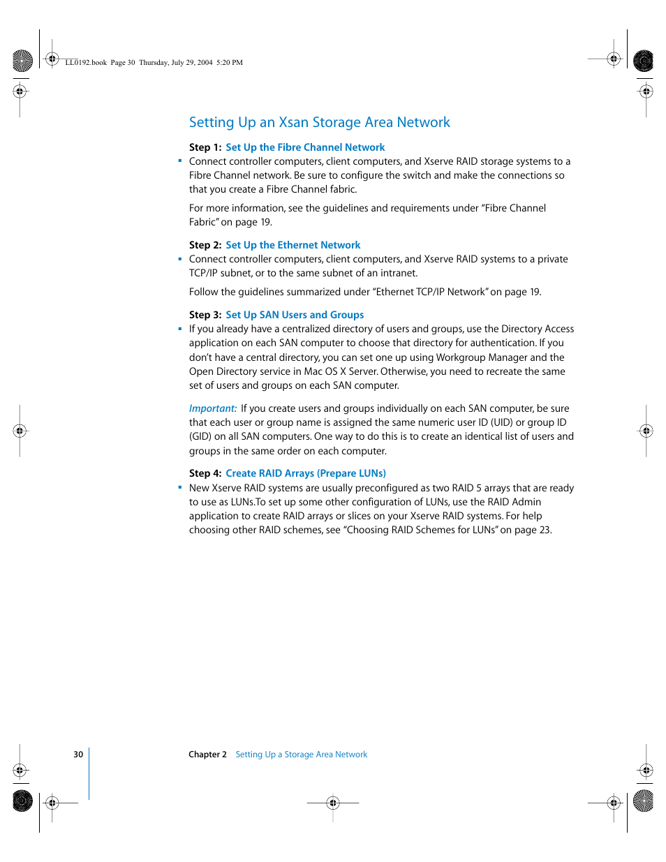 Setting up an xsan storage area network | Apple Xsan 1.0 User Manual | Page 30 / 113