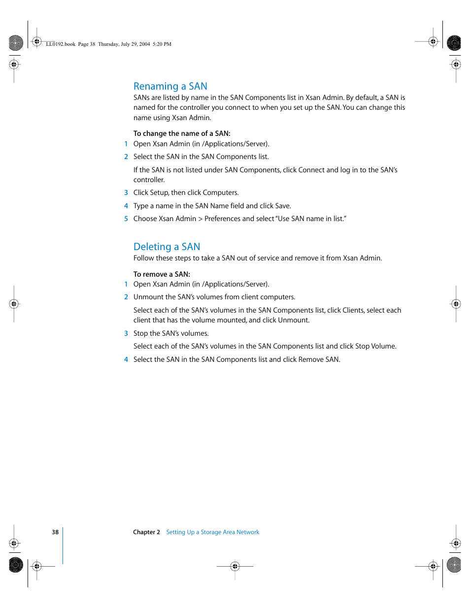 Renaming a san, Deleting a san | Apple Xsan 1.0 User Manual | Page 38 / 113