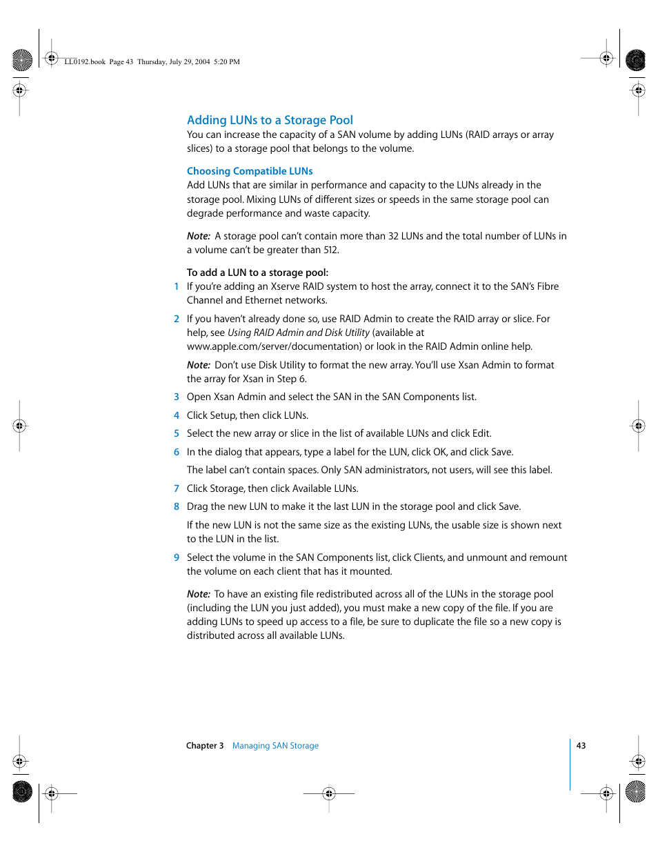 Adding luns to a storage pool | Apple Xsan 1.0 User Manual | Page 43 / 113