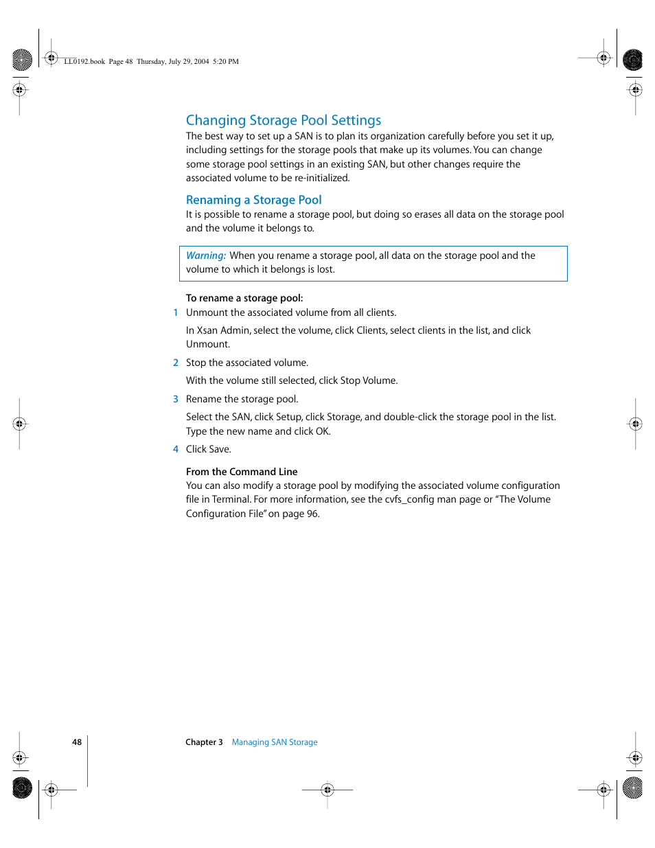 Changing storage pool settings, Renaming a storage pool | Apple Xsan 1.0 User Manual | Page 48 / 113