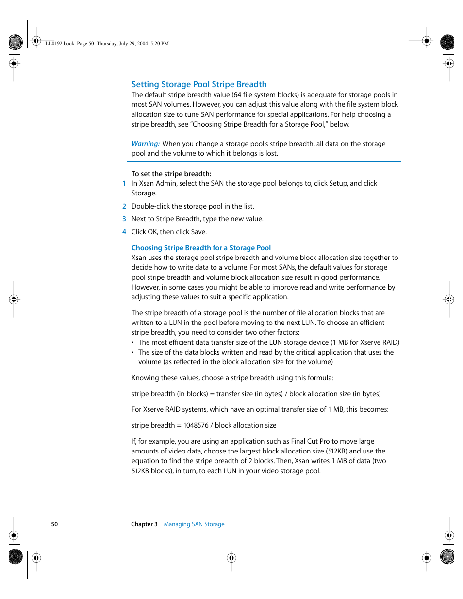 Setting storage pool stripe breadth | Apple Xsan 1.0 User Manual | Page 50 / 113