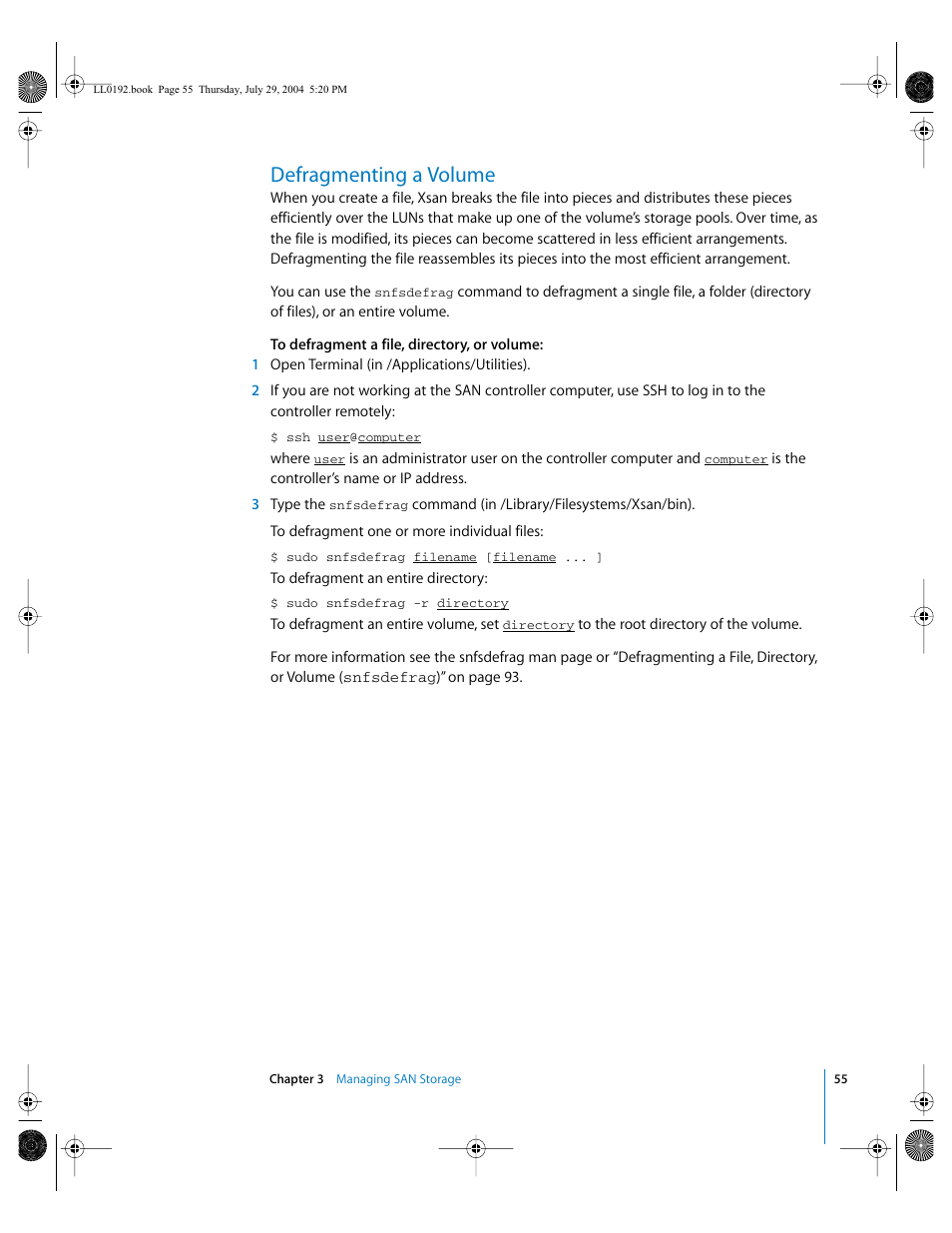 Defragmenting a volume | Apple Xsan 1.0 User Manual | Page 55 / 113