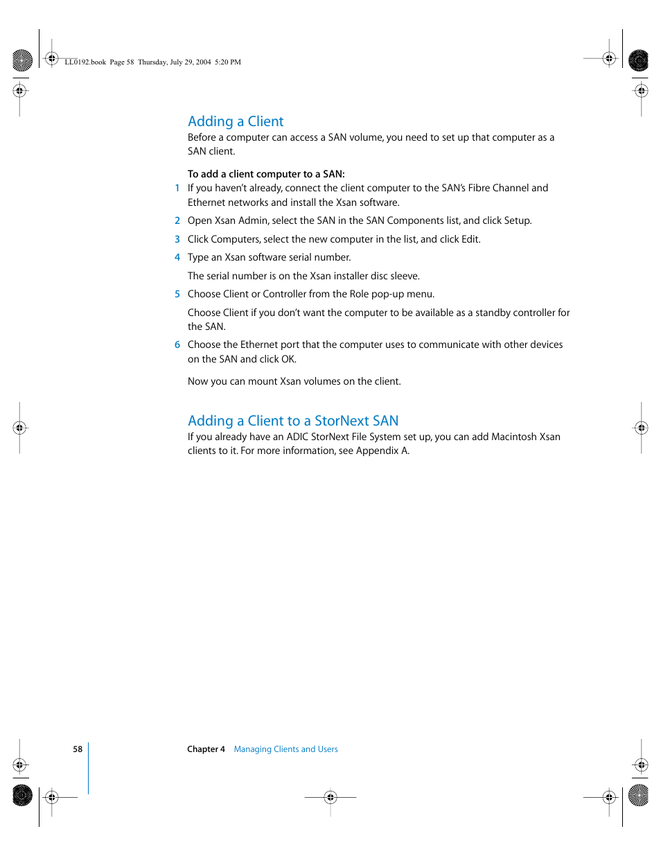 Adding a client, Adding a client to a stornext san | Apple Xsan 1.0 User Manual | Page 58 / 113