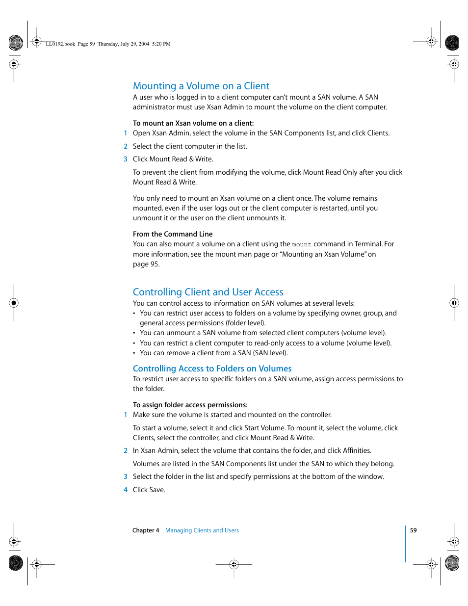 Mounting a volume on a client, Controlling client and user access, Controlling access to folders on volumes | Apple Xsan 1.0 User Manual | Page 59 / 113