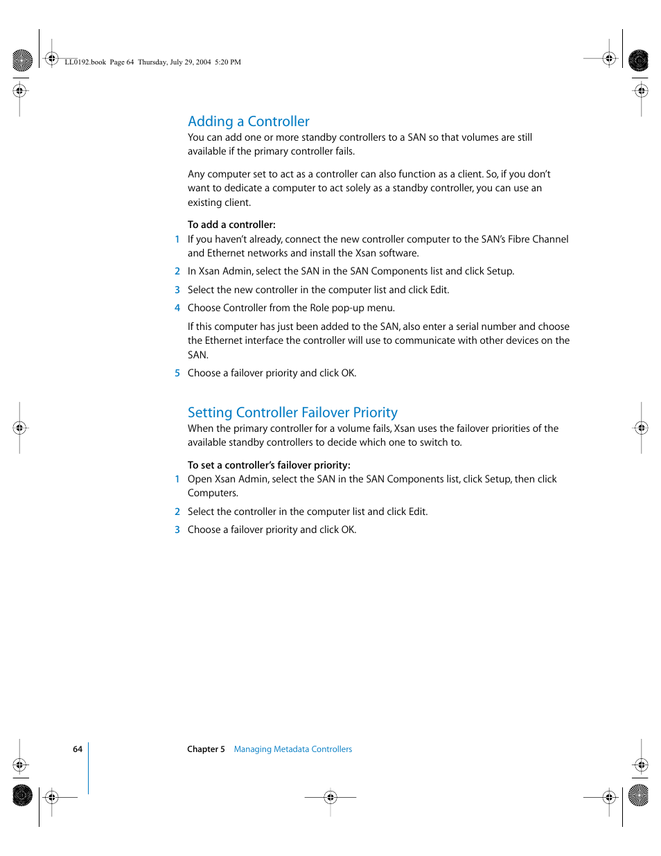 Adding a controller, Setting controller failover priority | Apple Xsan 1.0 User Manual | Page 64 / 113