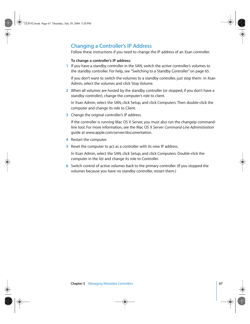 Changing a controller’s ip address | Apple Xsan 1.0 User Manual | Page 67 / 113