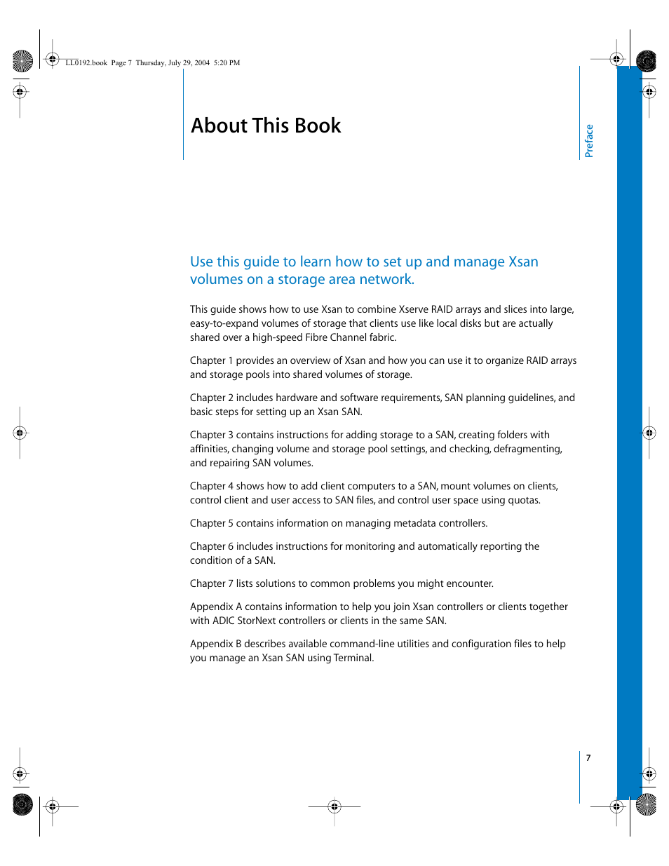 About this book, Preface | Apple Xsan 1.0 User Manual | Page 7 / 113