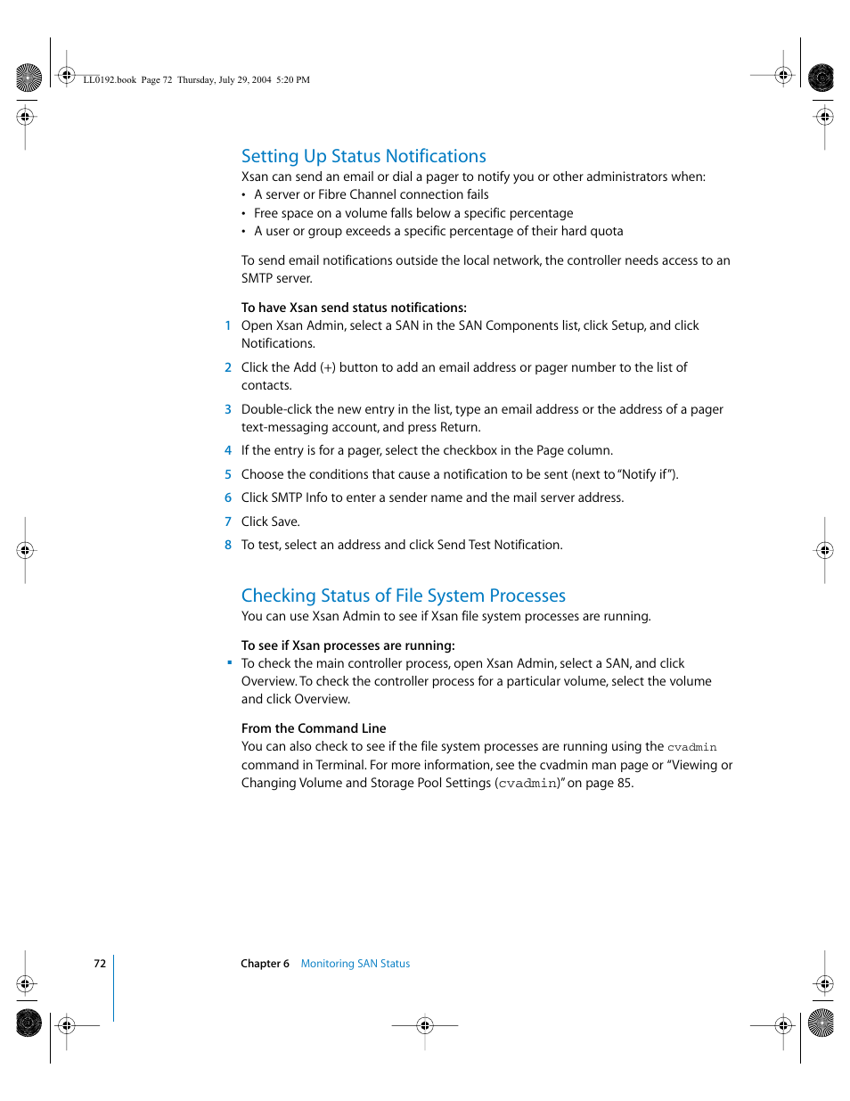 Setting up status notifications, Checking status of file system processes | Apple Xsan 1.0 User Manual | Page 72 / 113