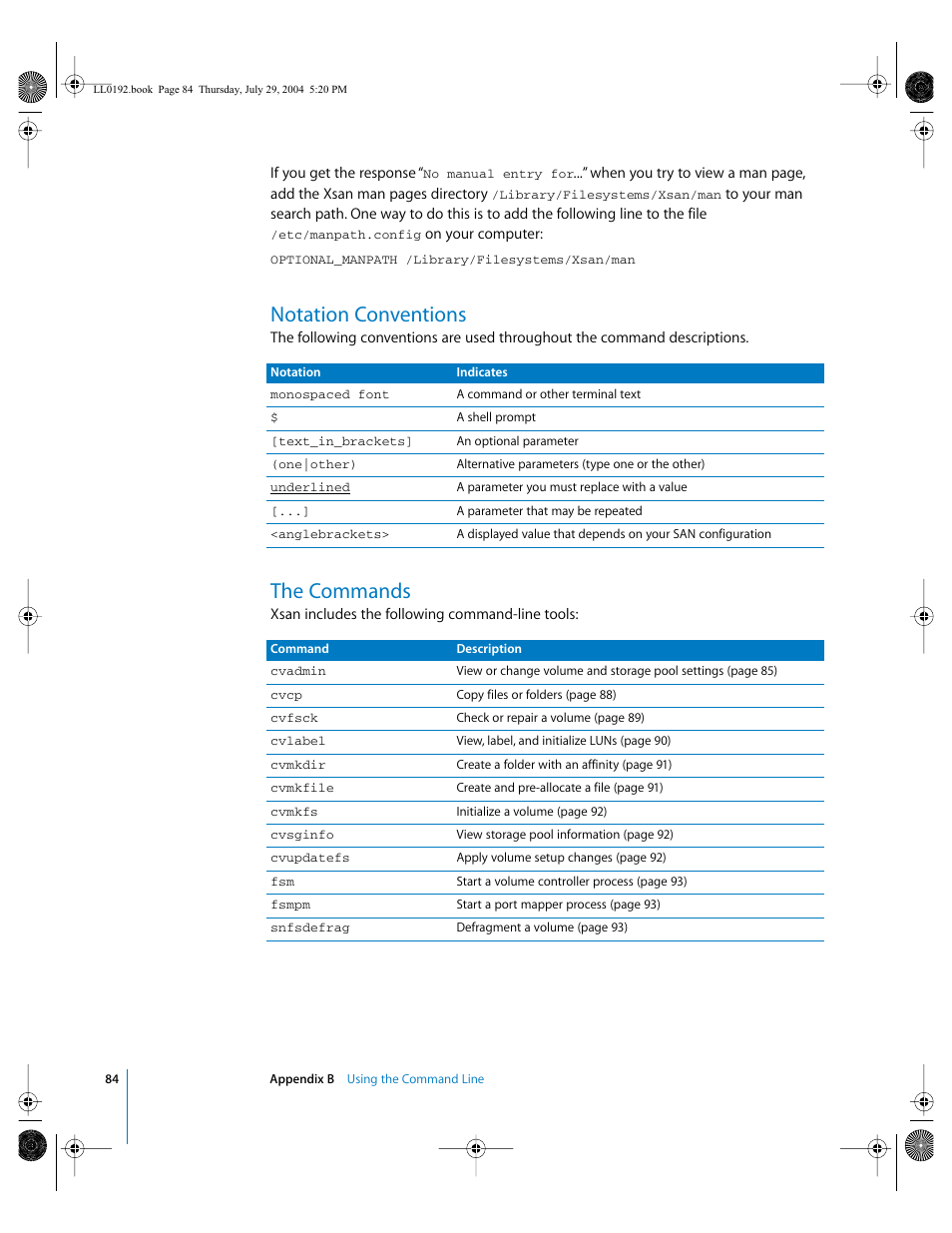 Notation conventions, The commands | Apple Xsan 1.0 User Manual | Page 84 / 113