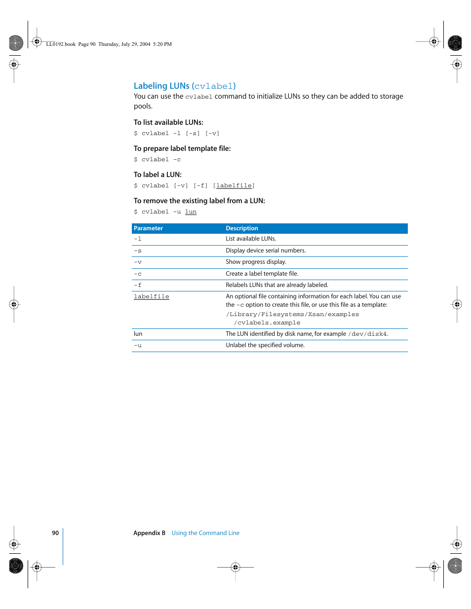 Labeling luns (cvlabel), Labeling luns ( cvlabel ) | Apple Xsan 1.0 User Manual | Page 90 / 113