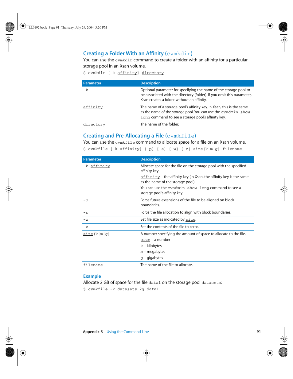 Creating a folder with an affinity (cvmkdir), Creating and pre-allocating a file (cvmkfile), Creating a folder with an affinity ( cvmkdir ) | Creating and pre-allocating a file ( cvmkfile ) | Apple Xsan 1.0 User Manual | Page 91 / 113