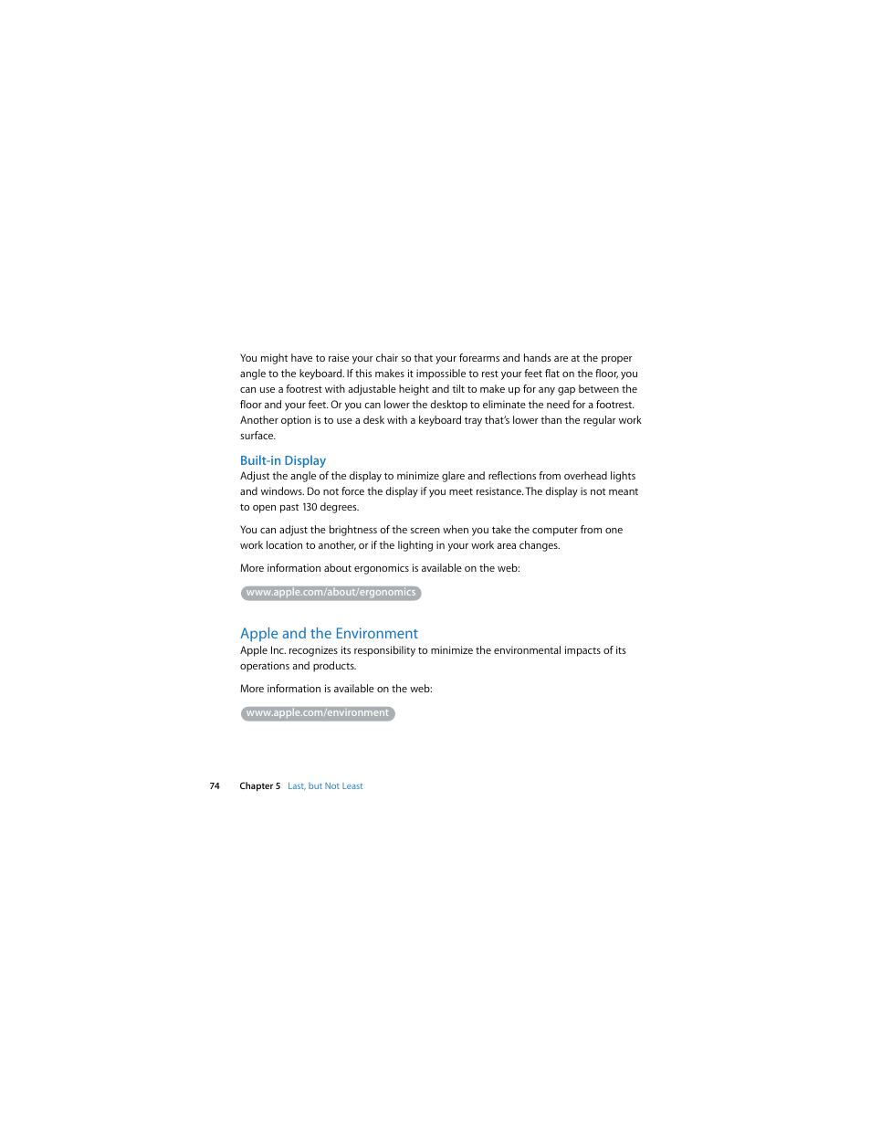 Built-in display, Apple and the environment | Apple MacBook Pro (15-inch, Mid 2009) User Manual | Page 74 / 88