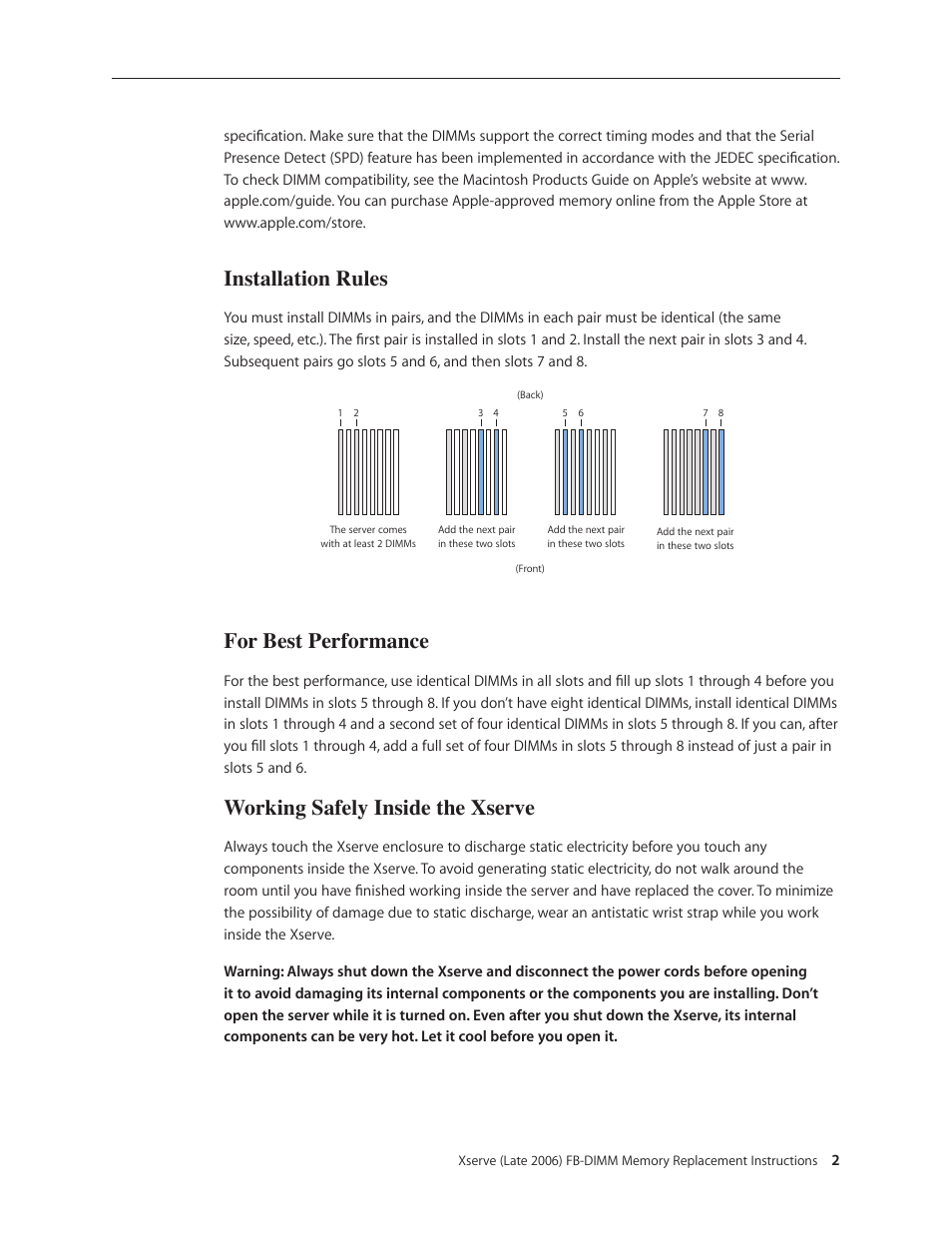 Installation rules, For best performance, Working safely inside the xserve | Apple Xserve Intel (Late 2006) DIY Procedure for FB-DIMM Memory User Manual | Page 2 / 6