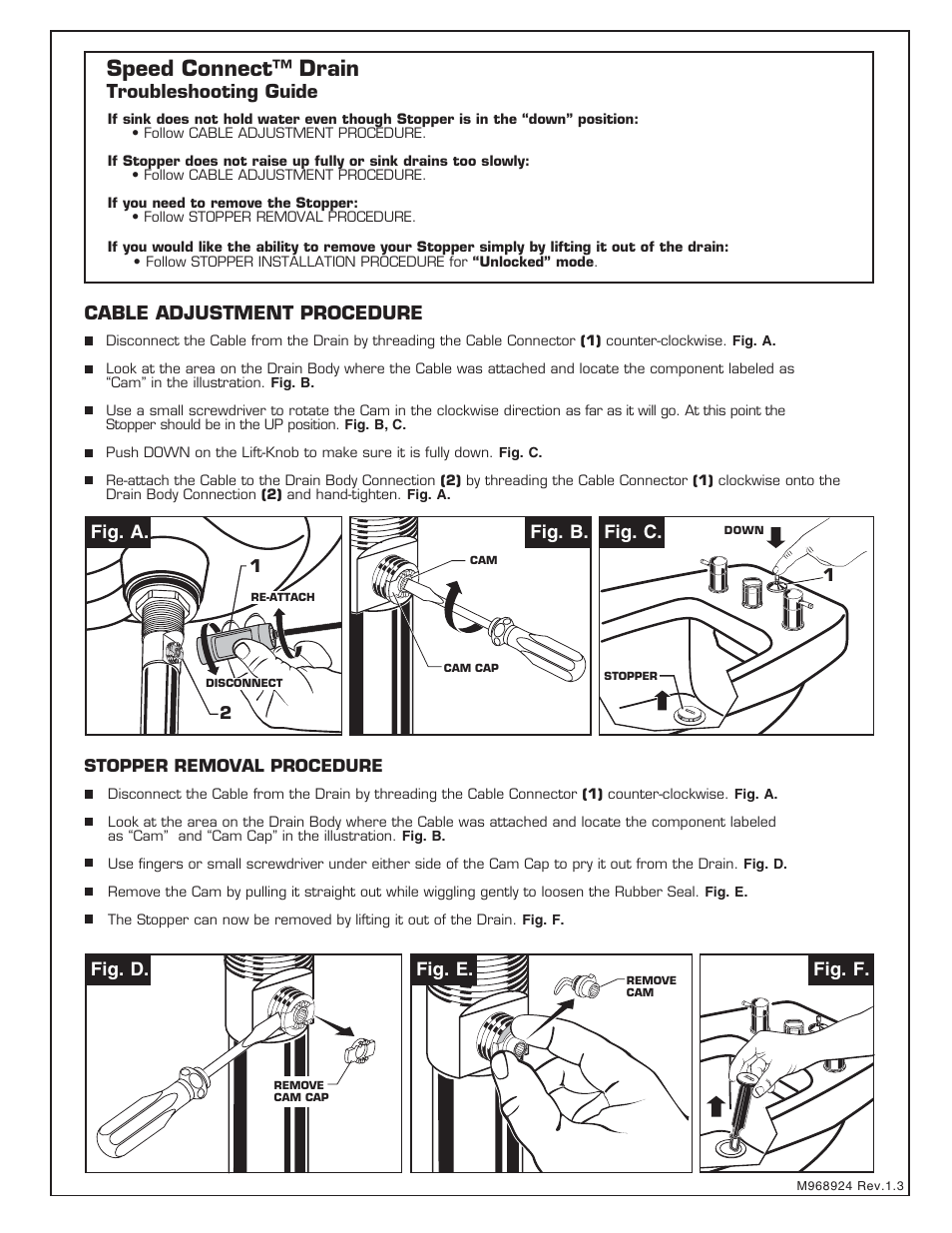 Speed connect™ drain, Troubleshooting guide, Cable adjustment procedure | Fig. b, Fig. e, Fig. d, Fig. c, Fig. f. fig. a | American Standard SERIN 2064.4 User Manual | Page 5 / 7