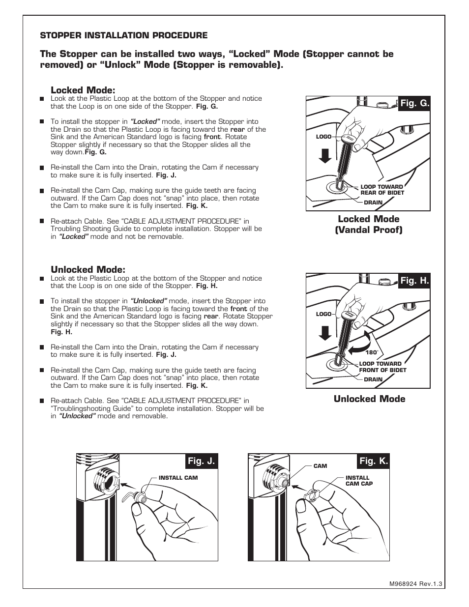 Locked mode, Unlocked mode, Fig. j. fig. k | Fig. h, Fig. g | American Standard SERIN 2064.4 User Manual | Page 6 / 7