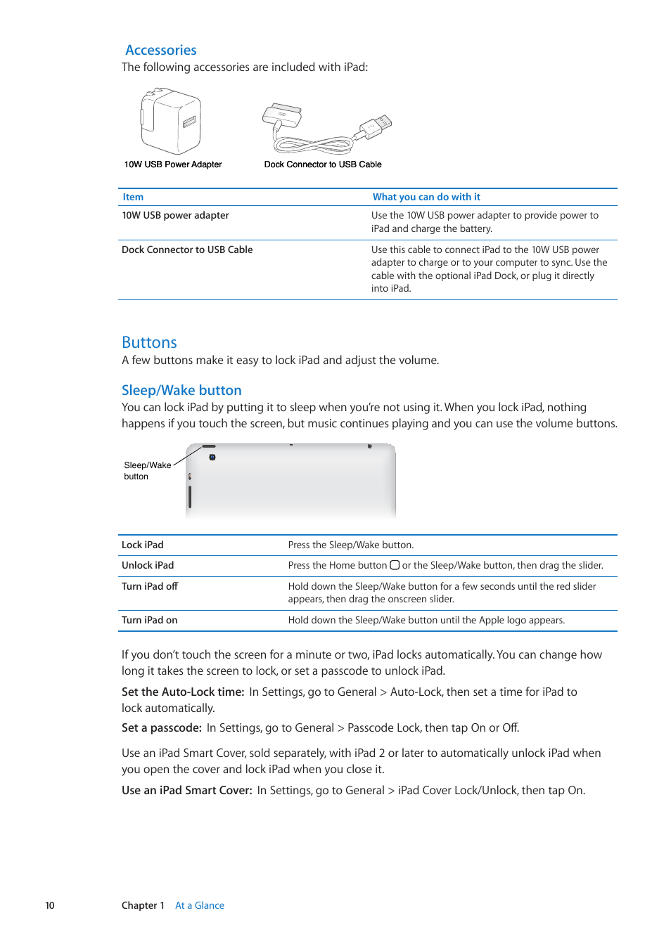 Buttons, Accessories, Sleep/wake button | Apple iPad iOS 5.1 User Manual | Page 10 / 144