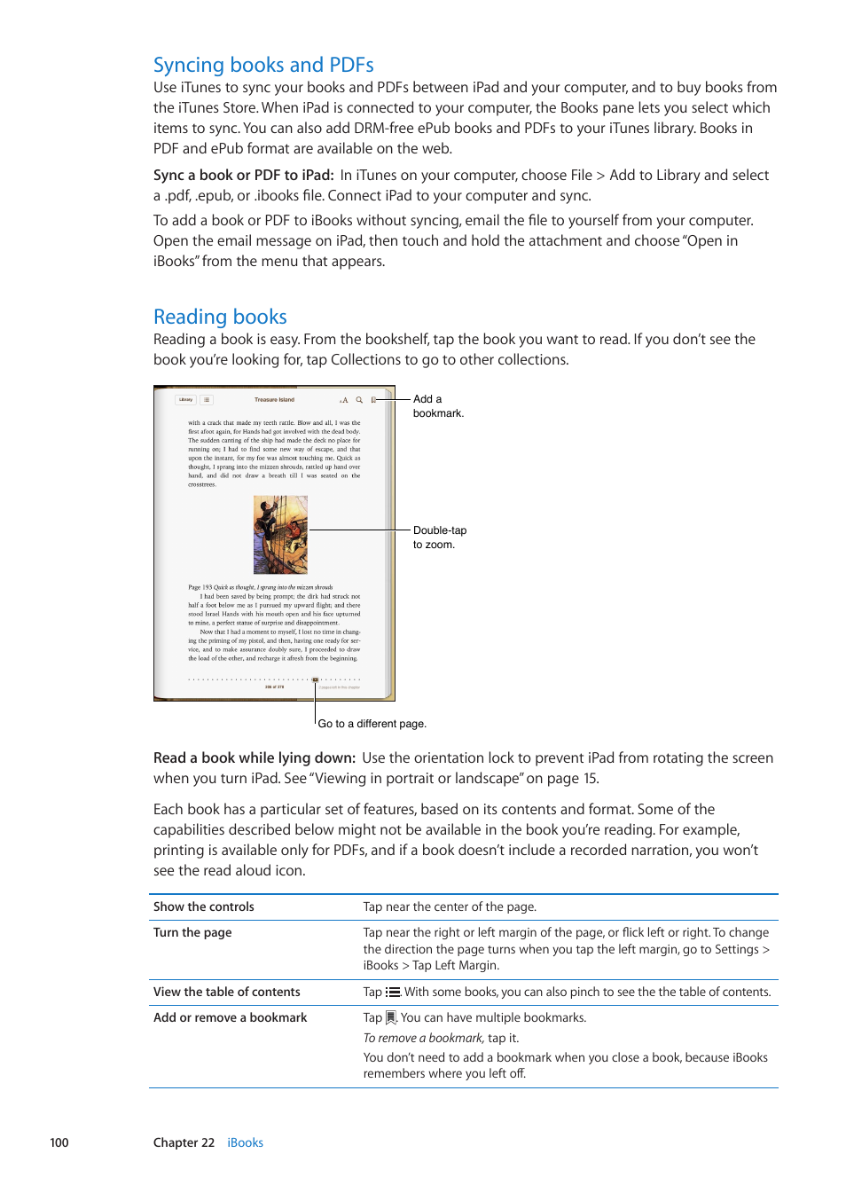 Syncing books and pdfs, Reading books, 100 syncing books and pdfs 100 reading books | Apple iPad iOS 5.1 User Manual | Page 100 / 144