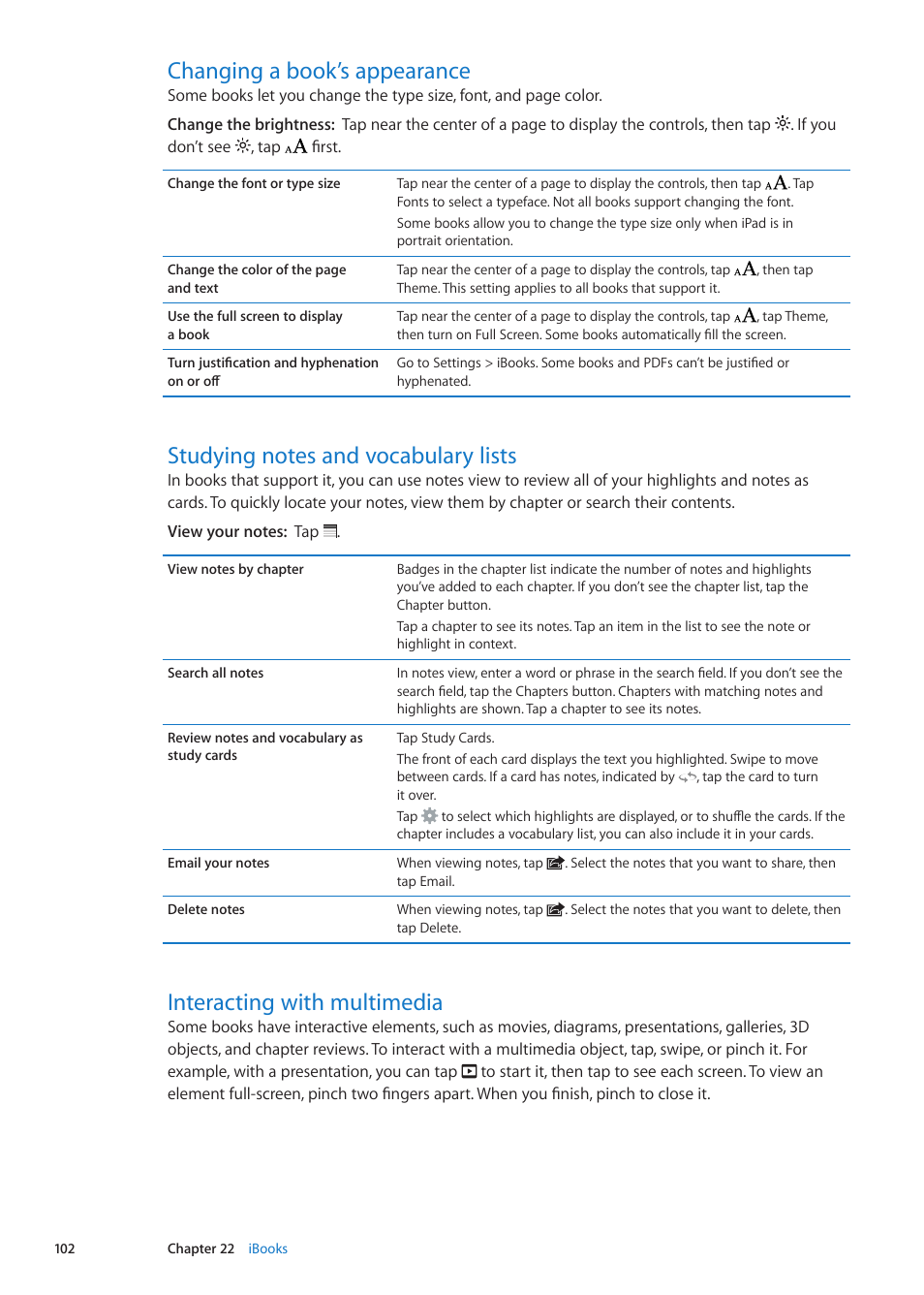 Changing a book’s appearance, Studying notes and vocabulary lists, Interacting with multimedia | Apple iPad iOS 5.1 User Manual | Page 102 / 144