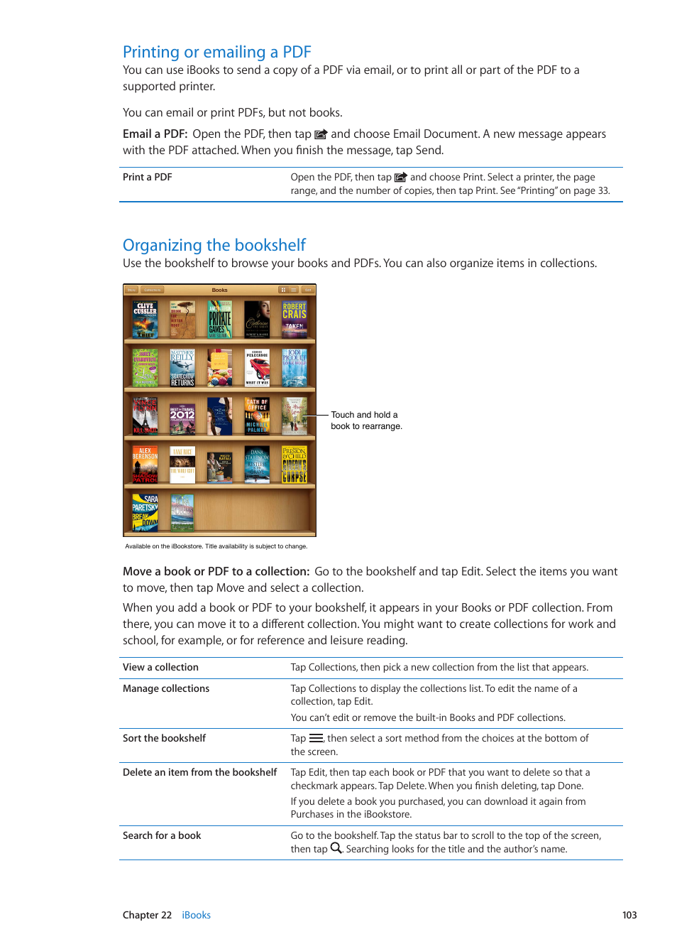 Printing or emailing a pdf, Organizing the bookshelf | Apple iPad iOS 5.1 User Manual | Page 103 / 144