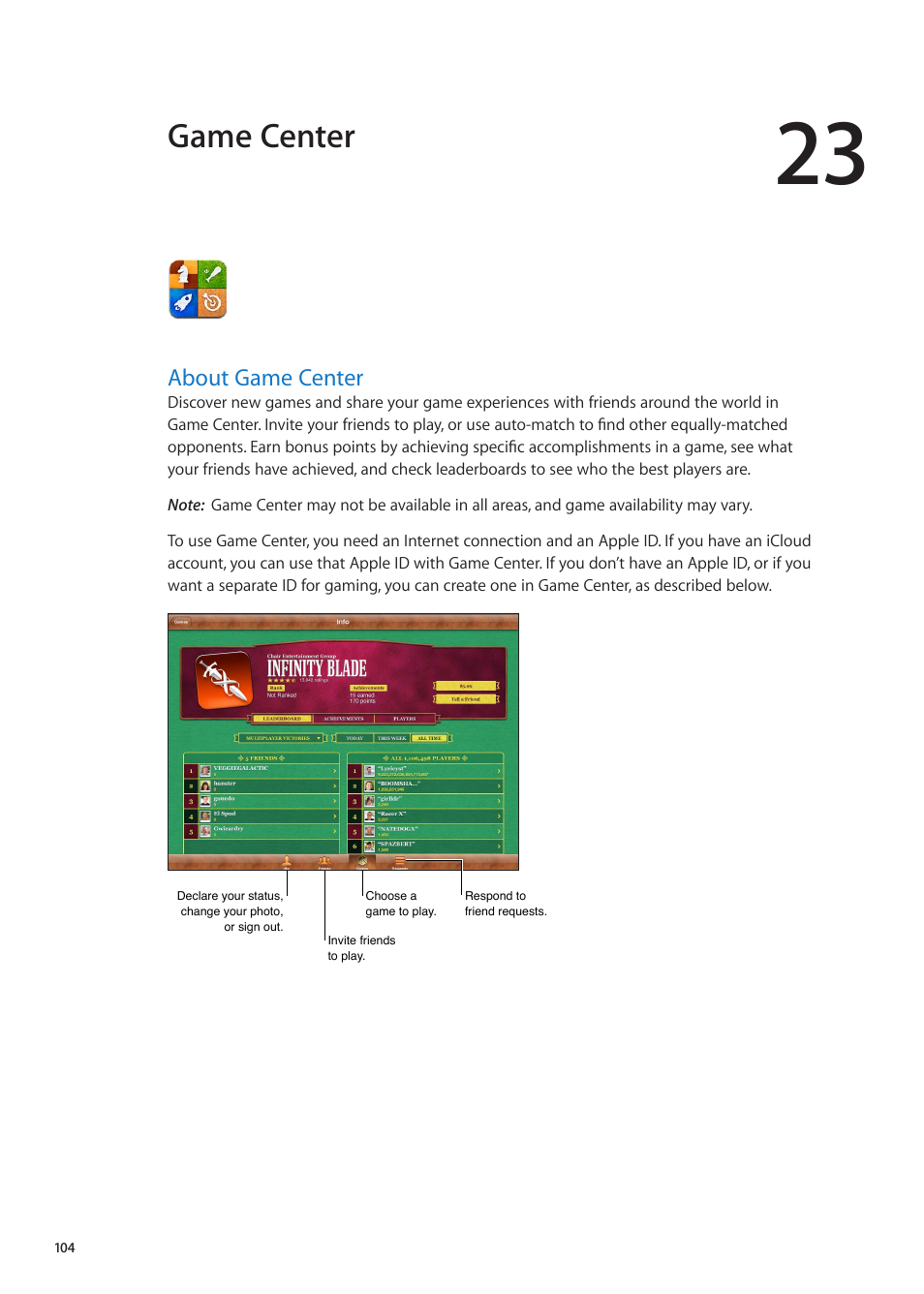 Chapter 23: game center, About game center, 104 about game center | Game center | Apple iPad iOS 5.1 User Manual | Page 104 / 144