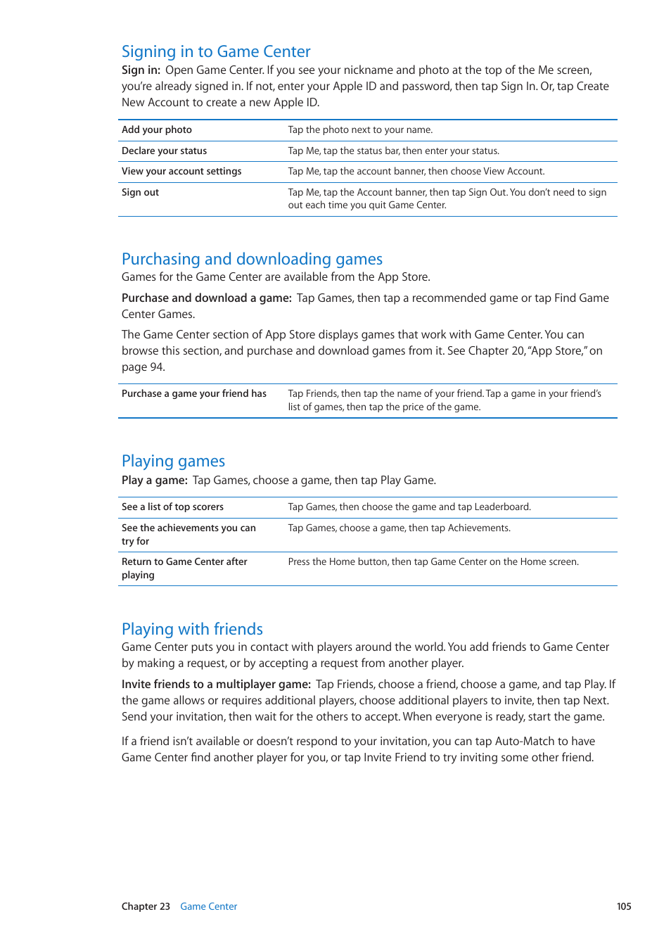 Signing in to game center, Purchasing and downloading games, Playing games | Playing with friends | Apple iPad iOS 5.1 User Manual | Page 105 / 144