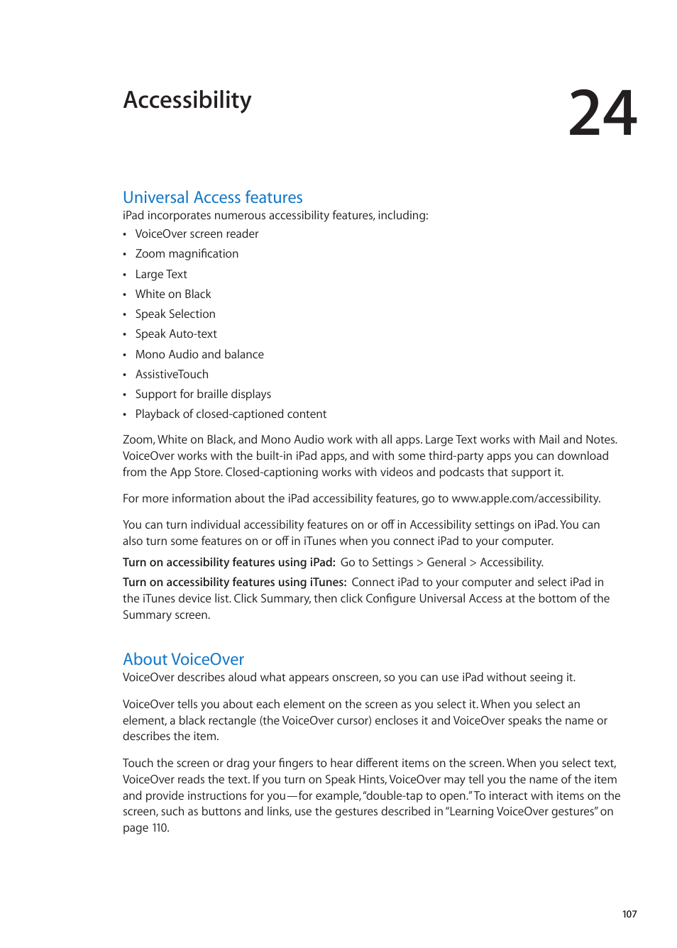 Chapter 24: accessibility, Universal access features, About voiceover | 107 universal access features 107 about voiceover, Accessibility | Apple iPad iOS 5.1 User Manual | Page 107 / 144