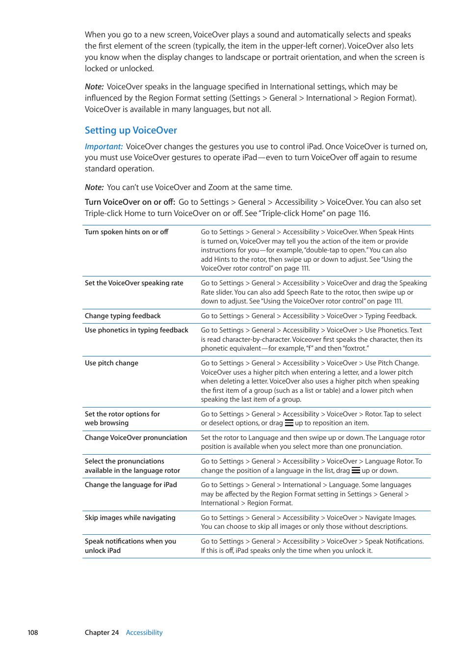 Setting up voiceover | Apple iPad iOS 5.1 User Manual | Page 108 / 144