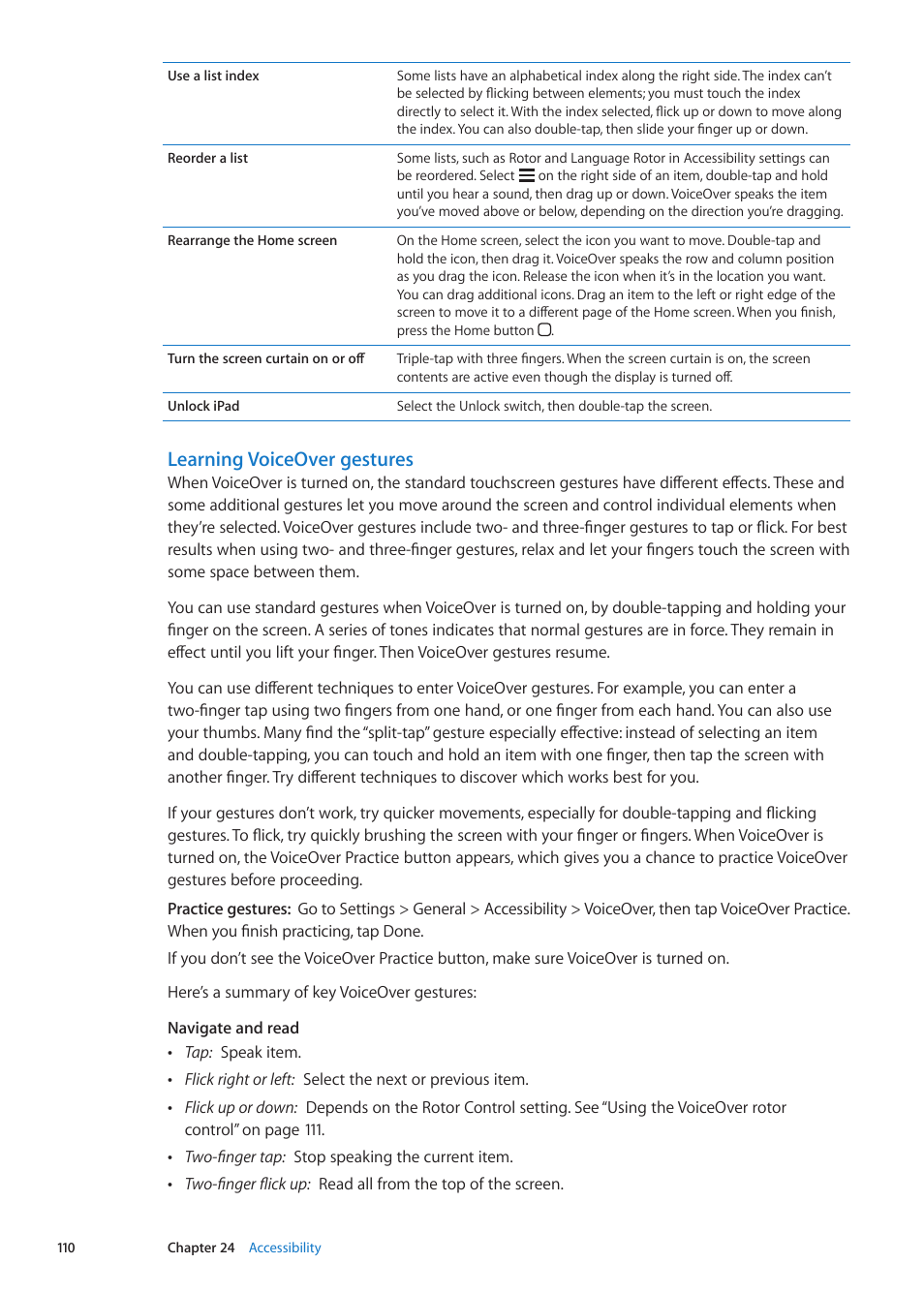 Learning voiceover gestures | Apple iPad iOS 5.1 User Manual | Page 110 / 144