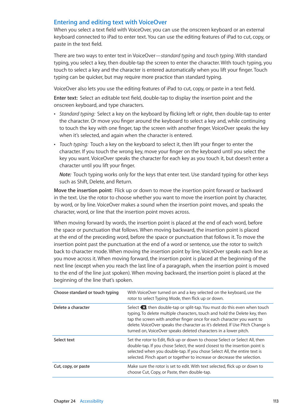 Entering and editing text with voiceover | Apple iPad iOS 5.1 User Manual | Page 113 / 144